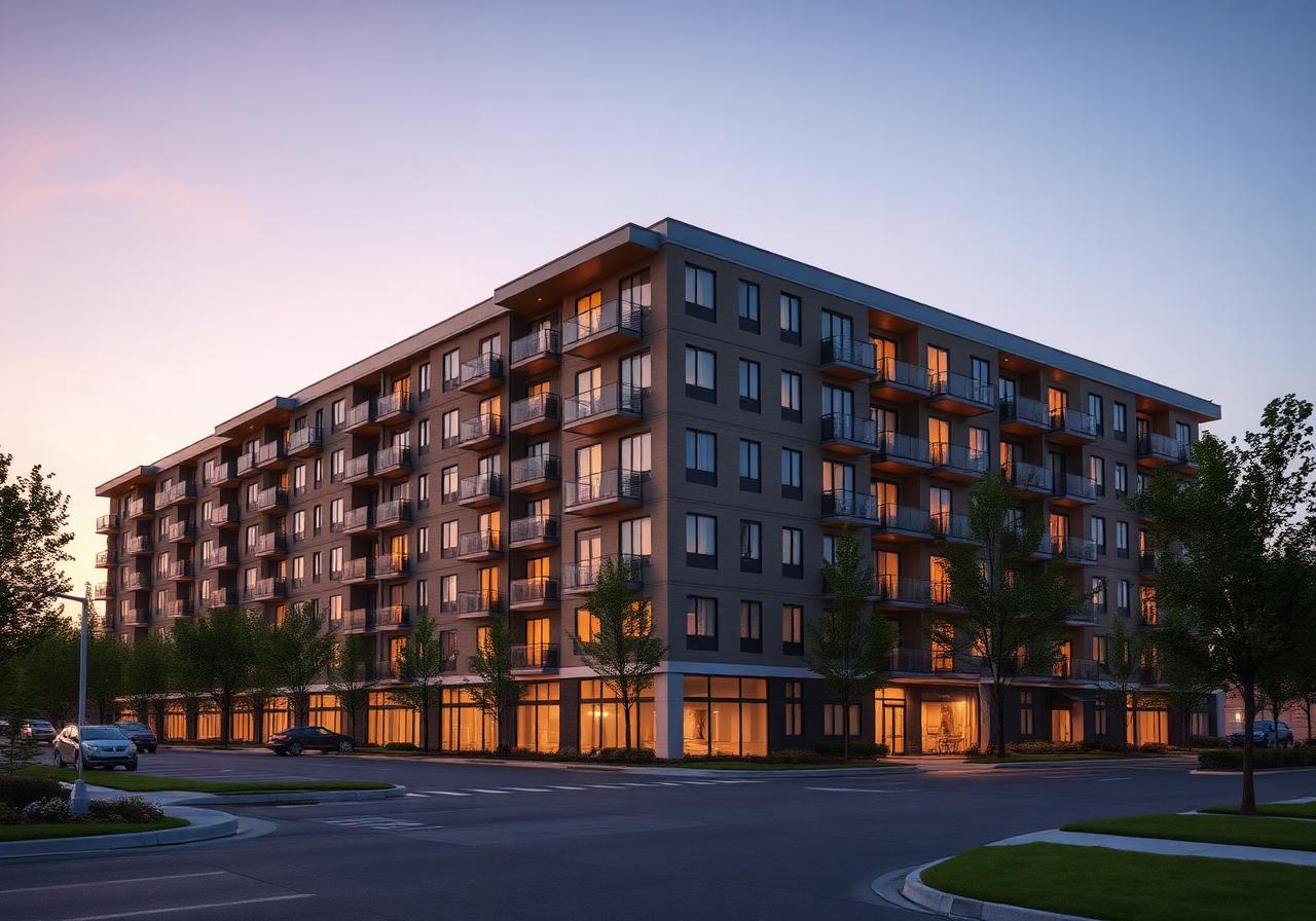 Multifamily apartment building at dusk